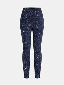 SHEIN Spodnie obcisłe z wysokim stanem i brokatem dla nastolatek, modne na imprezę, jesienne urodziny, elegancki styl vintage, randka, urodziny, podstawowa impreza, brokatowe, elastyczne, obcisłe legginsy kompresyjne z wysokim stanem, dopasowane spodnie do jogi - Granatowy - Zobacz 3