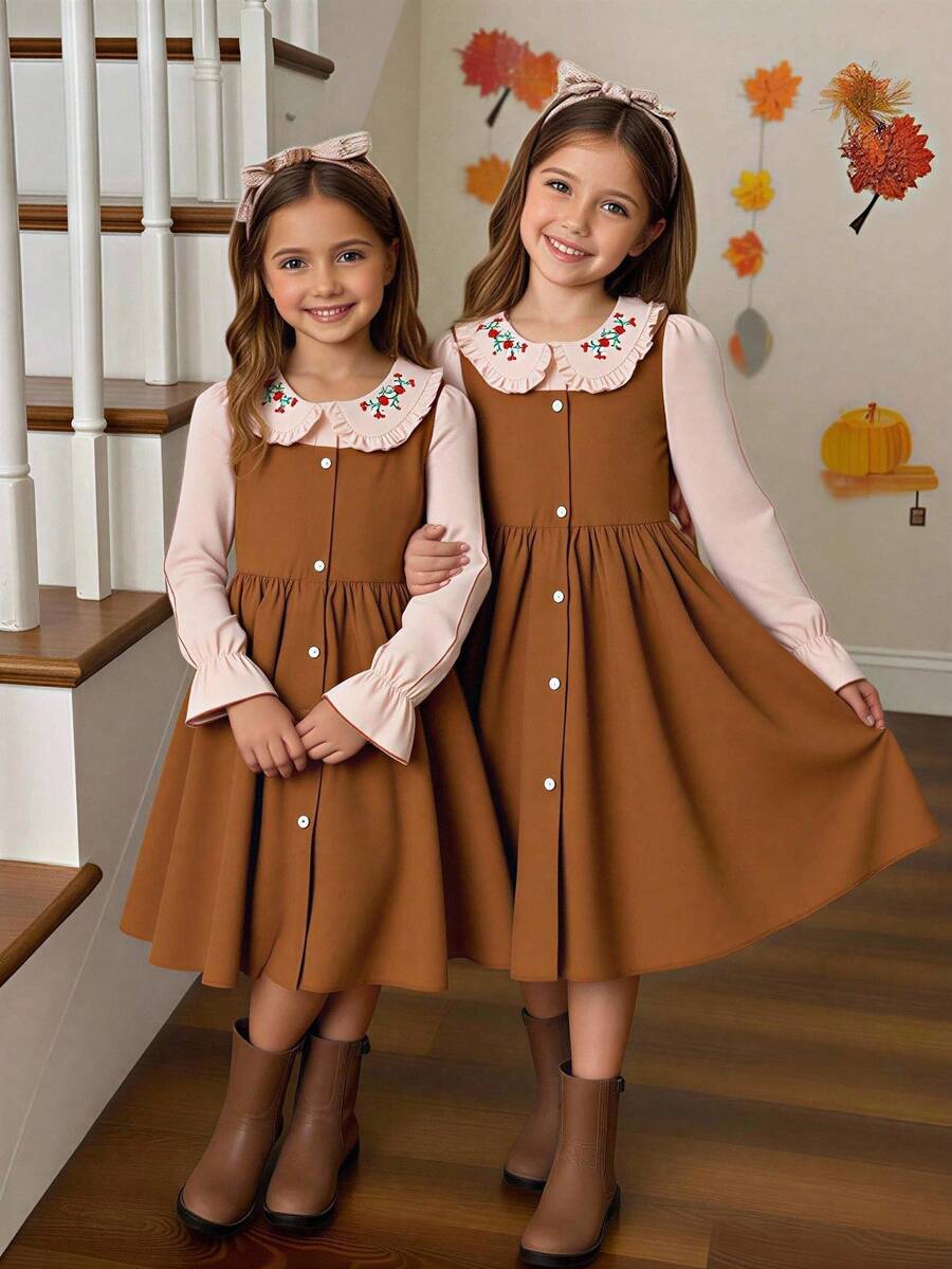 SHEIN Tween Girl Contrast Color Peter Pan Collar Long Sleeve Vintage Dress - Brown - View 1