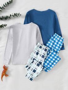 4 peças/2 conjuntos Conjunto de Pijama Infantil Masculino com Estampa de Dinossauro Azul e Cinza, Top de Manga Longa e Calça Legging Xadrez Clássica, Conjunto de 4 Peças, Roupa Casual e Confortável para Outono/Inverno - Multicolorido - Visão 2
