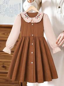 SHEIN Tween Girl Contrast Color Peter Pan Collar Long Sleeve Vintage Dress - Brown - View 3