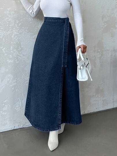 EURMUSE Women's Casual High Waist Tie-Front Long Denim Skirt, Suitable For Daily Commute In Summer