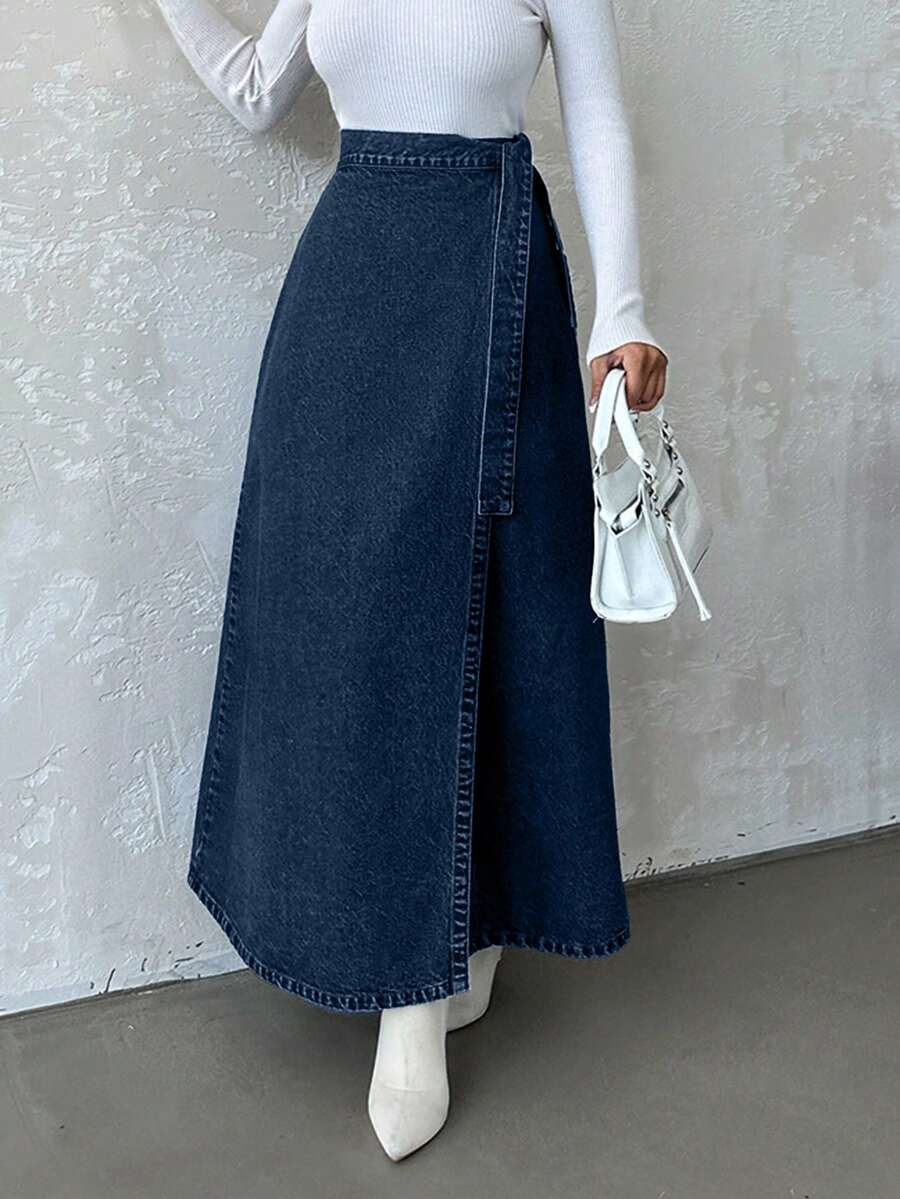 EURMUSE Women's Casual High Waist Tie-Front Long Denim Skirt, Suitable For Daily Commute In Summer - Dark Wash - View 1