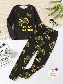2件套青少年男童夜光游戏手柄印花修身长袖睡衣套装 - 黃色 - 查看 7