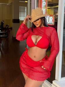 Swim SXY 2026 Nouveau maillot de bain pour femmes grande taille 4 pièces, ensemble de bikini sexy en maille rouge, couleur bordeaux unie, tenue de plage d'été pour les vacances - Rouge - Voir 1