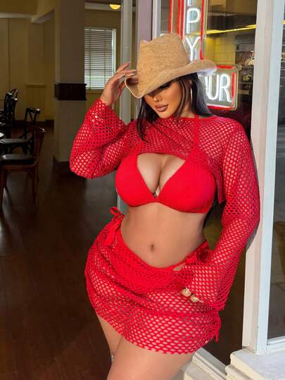 2026 New Year Swim SXY Plus Size Women 4pcs Red Mesh Sexy Bikini Set, Solid Burgundy, Summer Beach Vacation Swimwear