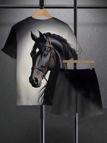 Manfinity LEGND Men's Black & Grey Ombre Black Horse Pattern Casual T-Shirt And Shorts Set Mens Graphic T-Shirt And Shorts Set - Multicolor - View 2