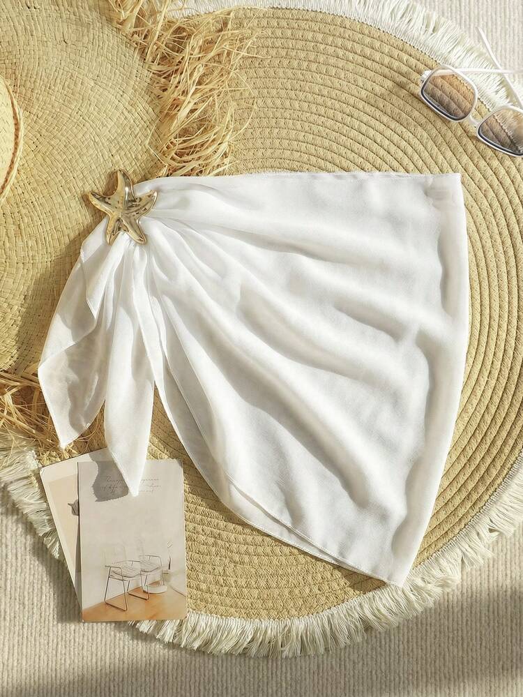 SHEIN סארונג חוף ממתכת עם קישוטי כוכבי ים לבנות - לבן - ראה 3