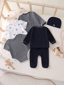 Newborn Baby Pajama Set, Striped & Cartoon Bear Print Bodysuit, Hat, Top And Pants - Royal Blue - View 2