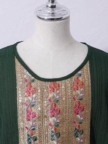 SHEIN Tween Girl Floral Embroidery Pattern Fringe Design Casual Loose Fit Party Bell Sleeve Dress - Dark Green - View 4