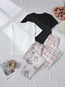 2pcs/Set Teenage Girls' Casual Cute Bow Plaid Print Short Sleeve Top And Pants Pajama Set