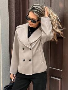 SHEIN PariChic Manteau ample croisé à grand revers style français décontracté en kaki avec poches, automne/hiver pour femmes