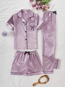 Bộ đồ thường ngày 3 món cho bé gái: Quần dài, quần short và áo thun ngắn tay cổ bẻ màu hồng nhạt trơn chất liệu vải. - Màu tím - Xem 4