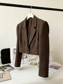 Chiquease 2025新款女士欧式短款羊毛混纺西装外套 | 休闲办公简约春秋季 - 棕色 - 查看 3