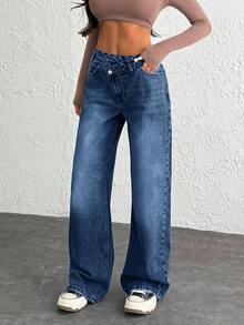 WOMEN CLASSIC HIGH WAIST WIDELEG MEDIUM WASH DENIM JEAN ASYMETRIC WAIST Y2K - Dark Wash - View 5