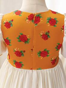 Glamorique Kids 少女碎花印花方领荷叶边短袖复古连衣裙 - 杏色 - 查看 3