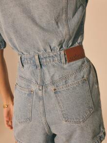 Aralina 女士夏季/冬季牛仔休闲短袖连体裤，女士沙滩装，Y2K斯德哥尔摩风格街头服饰 - 深色水洗藍 - 查看 8
