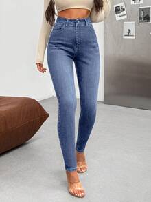 EURMUSE SOLID COLOR SLANT POCKET HIGH WAIST CASUAL STYLE DENIM JEANS - Light Wash - View 6