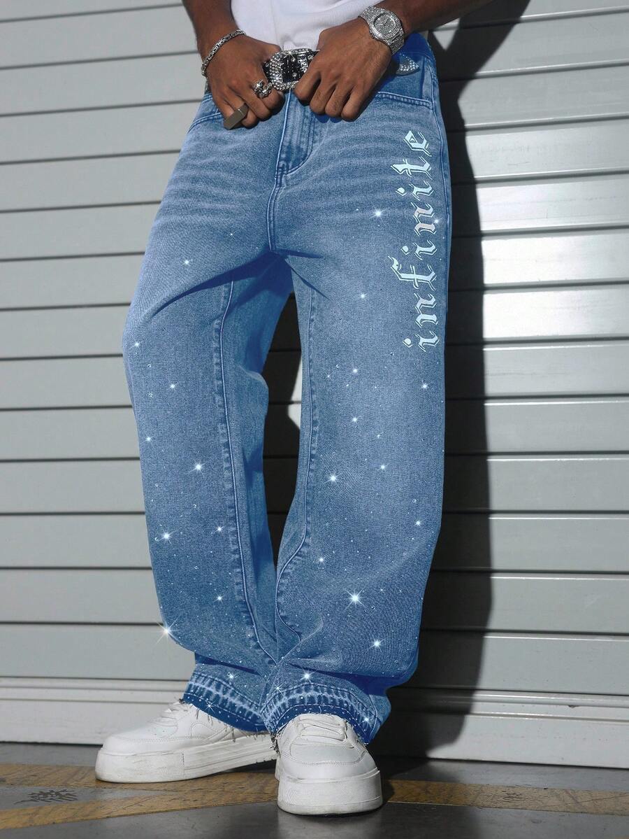 Manfinity EMRG Men's Rhinestone Print Wide Leg Jeans Baggy Y2k Jeans Rhinestone Jeans Men, Perfect Holiday Gift For Boyfriend & Husband - Light Wash - View 1