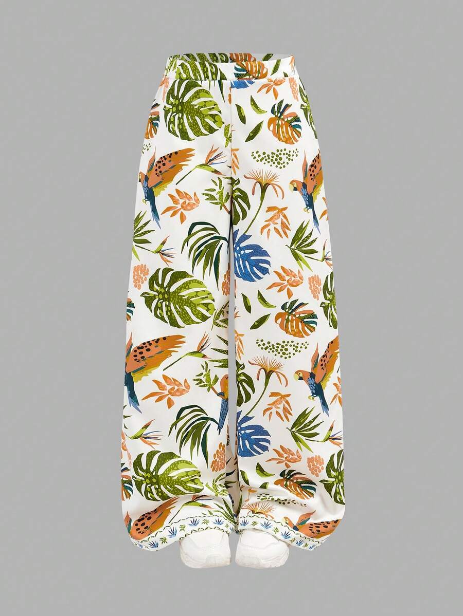 SHEIN Girlism Tween Girl Casual Minimalist Comfortable Mid-Waist Tropical Print Long Pants Tween Girl - Green - View 1