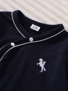 Newborn Baby Pajama Set, Striped & Cartoon Bear Print Bodysuit, Hat, Top And Pants - Royal Blue - View 4