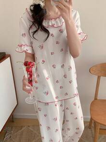 2pcs Comfortable Corduroy Tulip Floral Pattern Crew Neck Long Sleeve Pajama Set For Teens - White - View 5