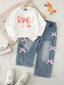Girls' Long Sleeve T-Shirt With Cute Bow Print & Blue Straight Leg Jeans,Back-To-School Casual Light Pink Outfit,Autumn School Relaxed Fit Set - Multicolor - View 6
