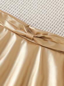 小女孩米色百搭复古法式风新款女童PU皮裙，高腰修身百褶裙，四季皆宜 - 香檳色 - 查看 6