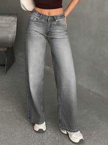 EURMUSE WOMEN WIDE LEG MID WAIST JEANS - Grey - View 3
