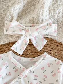 3pcs Newborn Baby Girls Cherry Print Outfit Set - Cherry Embroidered Smile Footie Pants And Headband - White - View 4