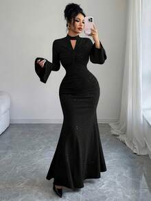 Elenzga New V-Neck Textured Metallic Twist Front Flare Sleeve Dress, Elegant & Versatile For Vacation, Casual Daily Wear, Autumn/Winter - Black - View 5