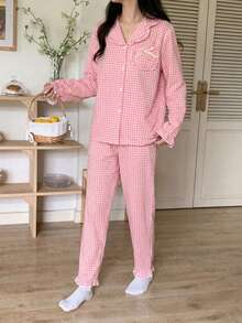 2pcs Girls Elegant Textured Fabric Frill Trim Pink & White Plaid Long Sleeve Top And Pants Pajama Set Pajama Set Pink Gingham - Pink - View 6