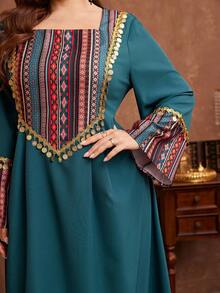 Al Najma Plus Size Women Patchwork Tassel Decor Waist A-Line Vacation Arabian Dress - Green - View 6