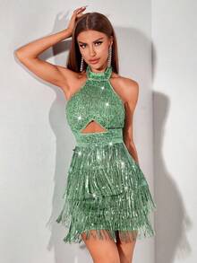 Glamine Đầm hở lưng, cổ yếm đính sequin, khoét eo, màu đỏ tía, thích hợp cho tiệc năm mới và lễ hội dành cho nữ. - Màu xanh Bạc hà - Xem 3