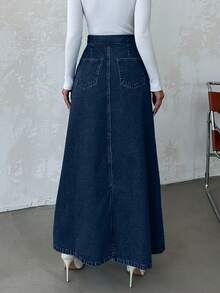 EURMUSE Women's Casual High Waist Tie-Front Long Denim Skirt, Suitable For Daily Commute In Summer - Dark Wash - View 2