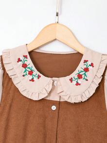 SHEIN Tween Girl Contrast Color Peter Pan Collar Long Sleeve Vintage Dress - Brown - View 7