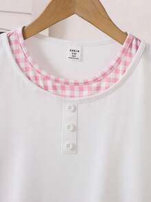 2件套女童休闲白色短袖上衣和粉色格子裤家居服套装，舒适百搭，适合日常穿着，春夏款 - 粉色 - 查看 10