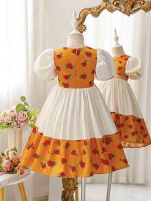 Glamorique Kids 少女碎花印花方领荷叶边短袖复古连衣裙 - 杏色 - 查看 2