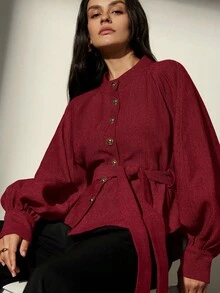 Aveloria Modichic Áo sơ mi dài tay cổ đứng họa tiết xương cá, thiết kế thắt eo, dáng rộng, phong cách độc đáo. - Đỏ - Xem 5