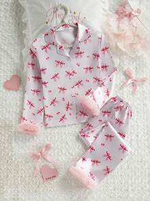Tween Girls Pajamas-2 Piece Pajama Set Pink Bow Print Collared Long Sleeve Button Down Top Matching Long Pants Faux Fur Trim Cuff Hem Elastic Waist Cozy Sleepwear Loungewear All Season Holiday New Year 2026 Gift - Multicolor - View 4