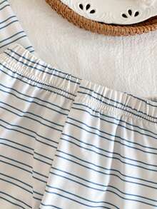 两件套男婴套装，时尚蓝白条纹印花，带可爱口袋、星星月亮刺绣，长袖开衫和休闲裤，家居服套装