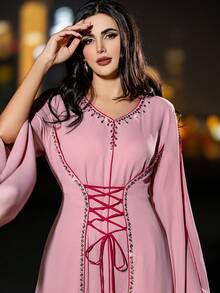 Layrah Women's Handmade Beaded Back Drawstring Abaya Kaftan Jalabiya Dress Long Sleeve Long Dress Abaya Dress For Evening Party - Pink - View 8