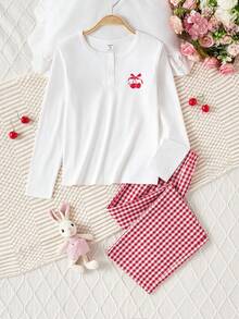 Girls' Cherry Plaid Pattern Half-Placket Top & Elastic Waist Shorts 2 Pieces Pajama Set Cherry Pajama Set - Red and White - View 1