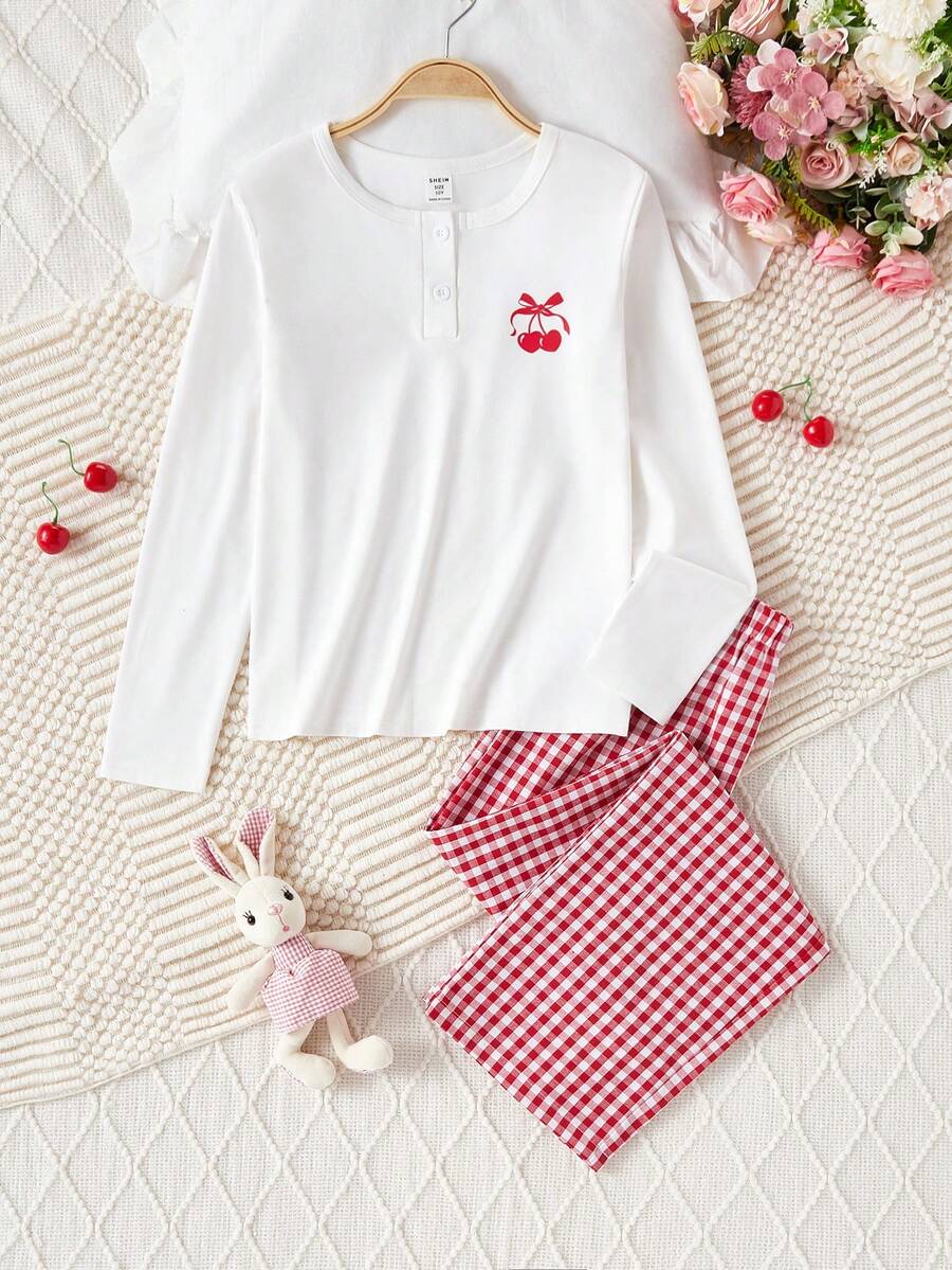 Girls' Cherry Plaid Pattern Half-Placket Top & Elastic Waist Shorts 2 Pieces Pajama Set Cherry Pajama Set - Red and White - View 1