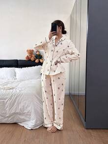 SHEIN 蝴蝶结、爱心和樱桃印花领长袖睡衣套装 - 黑色 - 查看 6