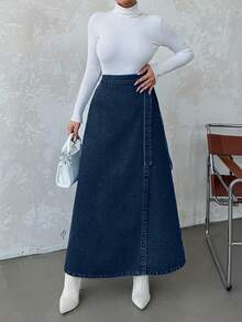 EURMUSE Women's Casual High Waist Tie-Front Long Denim Skirt, Suitable For Daily Commute In Summer - Dark Wash - View 3