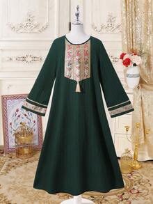 SHEIN Tween Girl Floral Embroidery Pattern Fringe Design Casual Loose Fit Party Bell Sleeve Dress - Dark Green - View 7