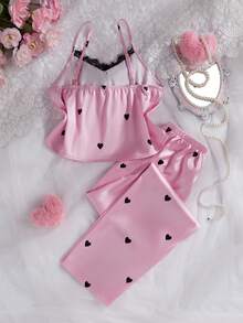 女童优雅黑色爱心蕾丝拼接柔软缎面吊带背心和长裤两件套睡衣 - 彩色 - 查看 2