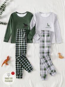 4件套/2套 男童恐龙印花蓝灰色长袖上衣搭配经典格子打底裤四件套睡衣套装，秋冬季休闲舒适装扮 - 彩色 - 查看 4