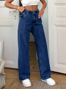 100% Cotton Elastic Belt Detailed Straight Cut Jean - Royal Blue - View 5