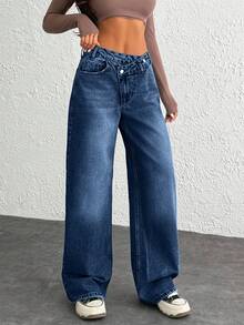 WOMEN CLASSIC HIGH WAIST WIDELEG MEDIUM WASH DENIM JEAN ASYMETRIC WAIST Y2K - Dark Wash - View 4